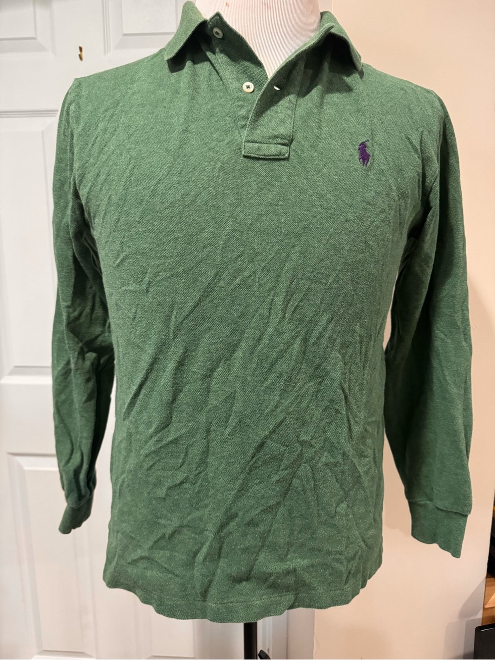 Ralph Lauren Long-Sleeve Polo Shirt in Green with Purple Logo